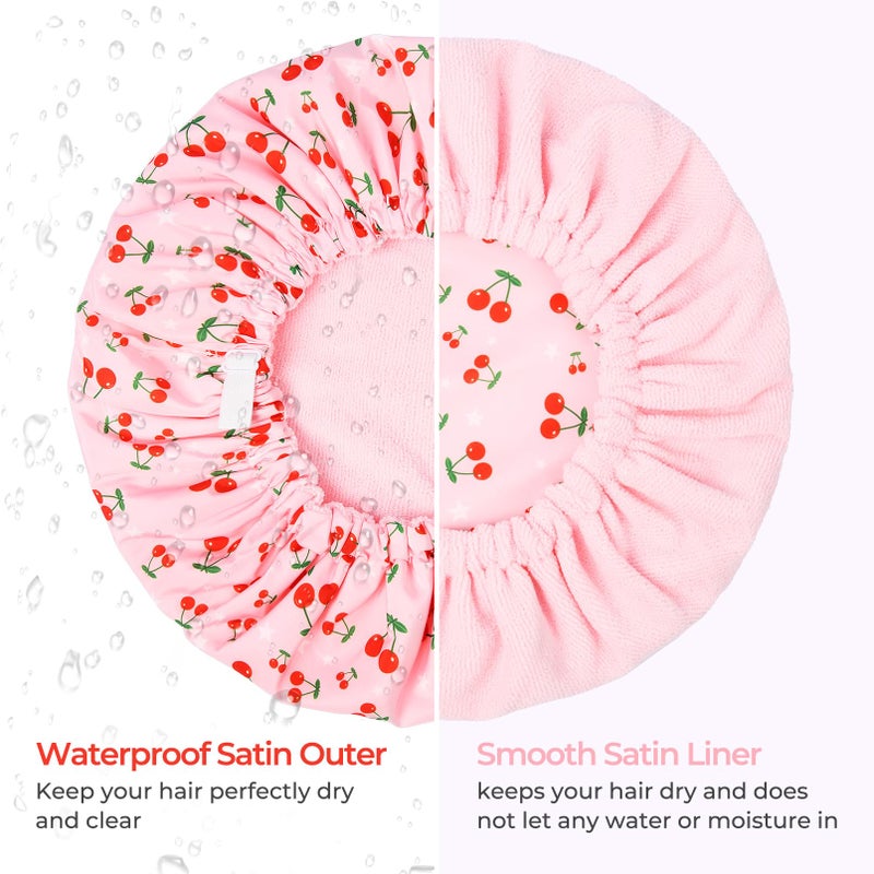 Aileam Shower Cap for Women Terry Lined Bath Cap Large Reusable Waterproof Elastic Band Pink Shower Caps for Long Thick Hair Soft Bath Shower Hair Caps - Image 5