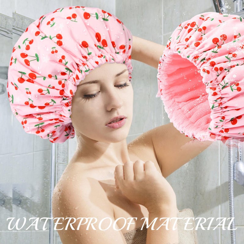 Aileam Shower Cap for Women Terry Lined Bath Cap Large Reusable Waterproof Elastic Band Pink Shower Caps for Long Thick Hair Soft Bath Shower Hair Caps - Image 3