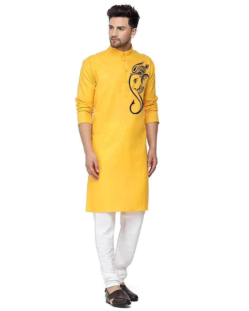 ashtang Cotton Blend Digital Print Kurta Pyjama Set || Ganesha Print (in, Alpha, M, Regular, Yellow) - Image 4