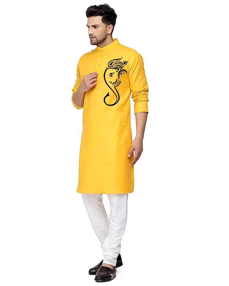 ashtang Cotton Blend Digital Print Kurta Pyjama Set || Ganesha Print (in, Alpha, M, Regular, Yellow) - Image 2