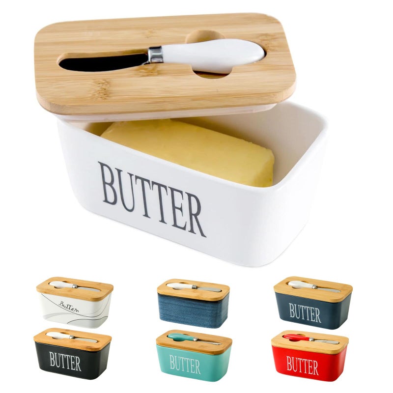 Hasense Butter Dish with Lid - Hasense White Ceramic Buter Dish with Airtight Cover and Knife for Countertop, Large Butter Holder Keeper Container with Silicone Sealing Ring for West East Coast - Image 1