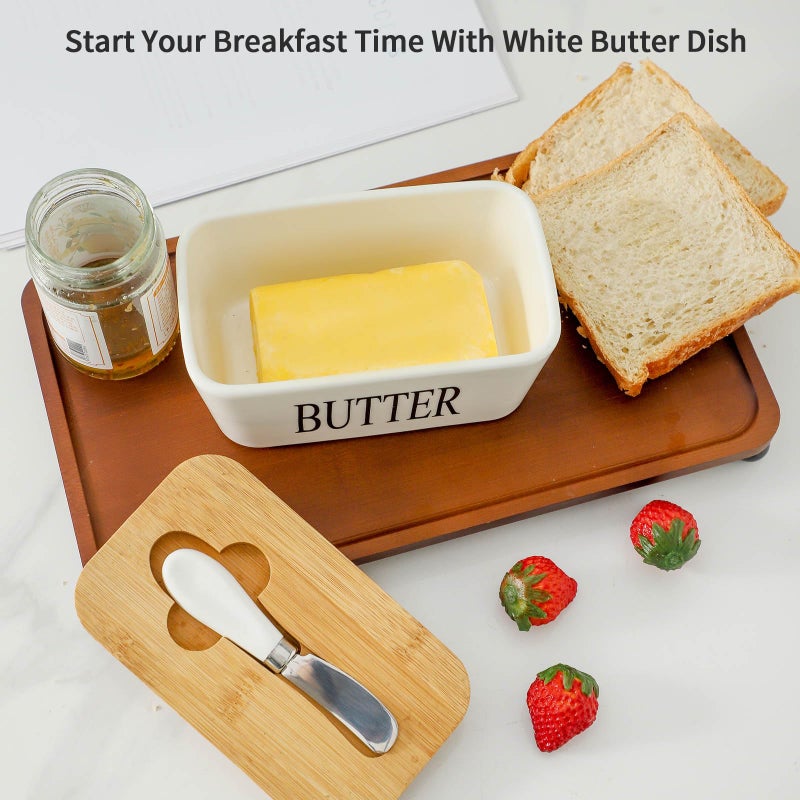 Hasense Butter Dish with Lid - Hasense White Ceramic Buter Dish with Airtight Cover and Knife for Countertop, Large Butter Holder Keeper Container with Silicone Sealing Ring for West East Coast - Image 2