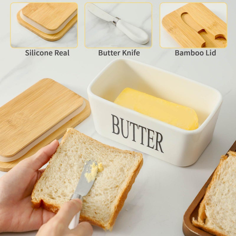 Hasense Butter Dish with Lid - Hasense White Ceramic Buter Dish with Airtight Cover and Knife for Countertop, Large Butter Holder Keeper Container with Silicone Sealing Ring for West East Coast - Image 5