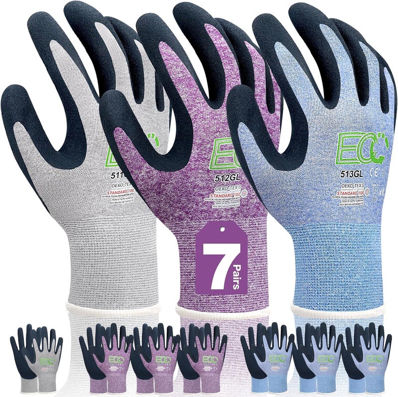 KANGLONGDA 7 Pairs Women Gardening Gloves, EN388 2131X Outdoor Protective Work Gloves with Breathable Micro-Foam Coating for Gardening, General Purpose, Courtyard, 3 Purple + 3Blue +1 Grey - Image 1