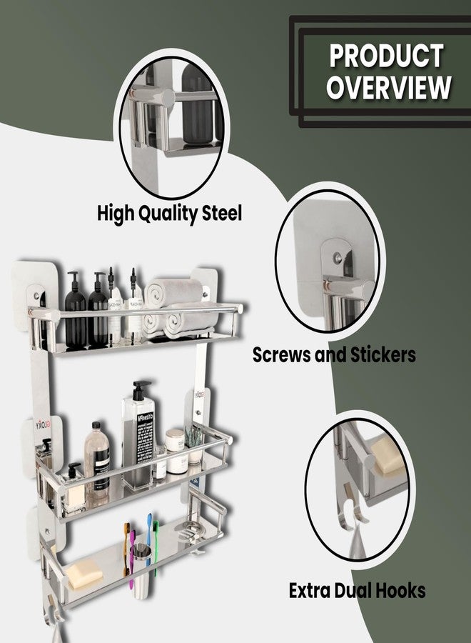 GLOXY Self-Adhesive Bathroom Shelf 3 Layer - Premium Chrome Finished Bathroom Stainless Steel Shelf Rack with Soap Holder & Toothpaste Holder for Home, Office, Hotel & Restaurants - Image 3