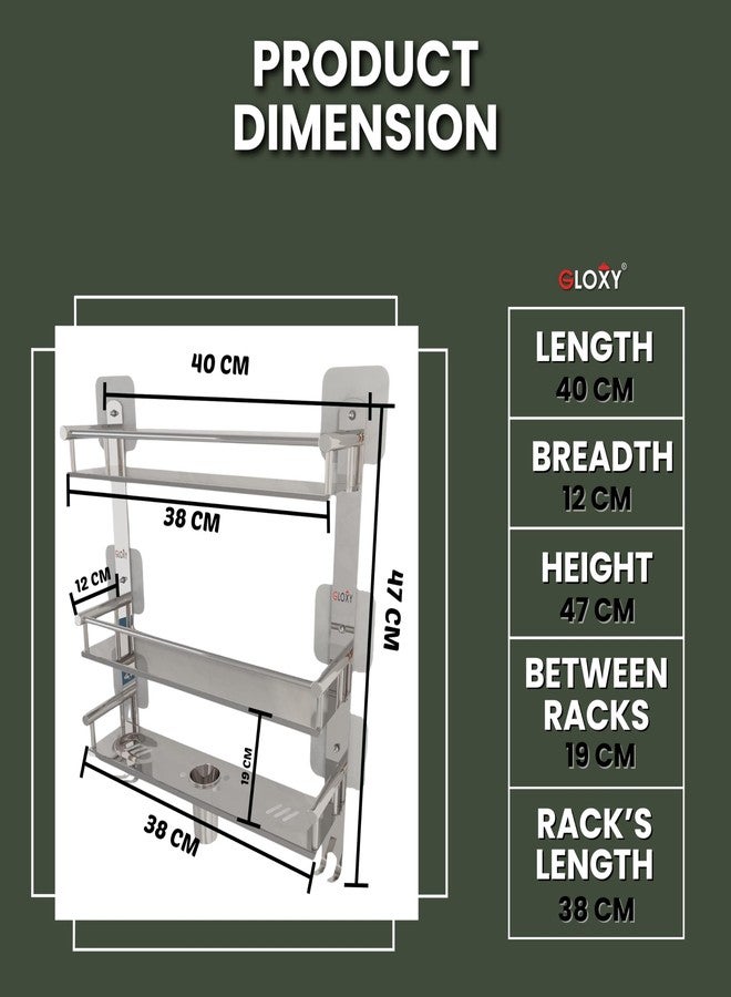 GLOXY Self-Adhesive Bathroom Shelf 3 Layer - Premium Chrome Finished Bathroom Stainless Steel Shelf Rack with Soap Holder & Toothpaste Holder for Home, Office, Hotel & Restaurants - Image 2