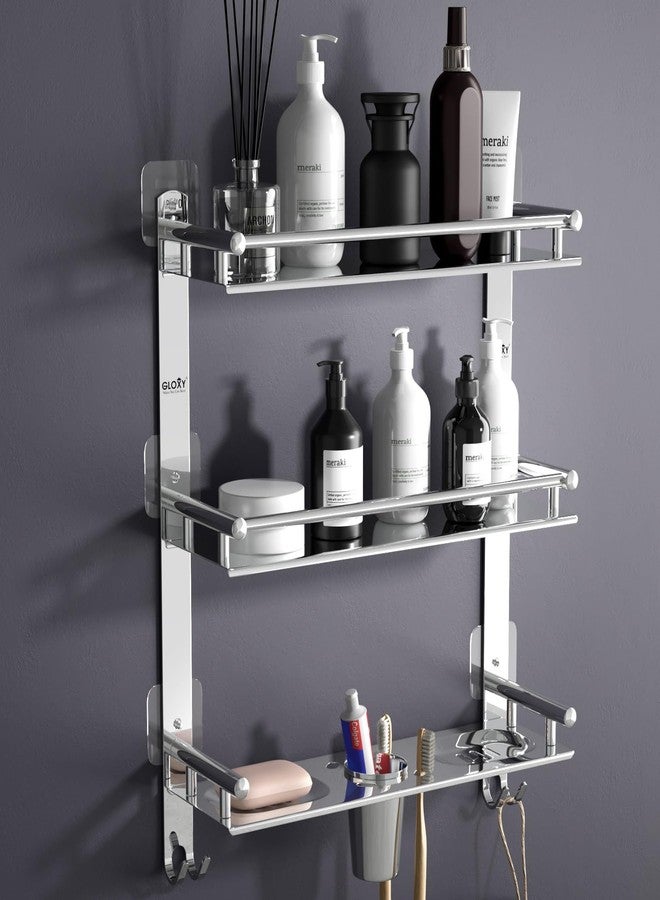 GLOXY Self-Adhesive Bathroom Shelf 3 Layer - Premium Chrome Finished Bathroom Stainless Steel Shelf Rack with Soap Holder & Toothpaste Holder for Home, Office, Hotel & Restaurants - Image 1
