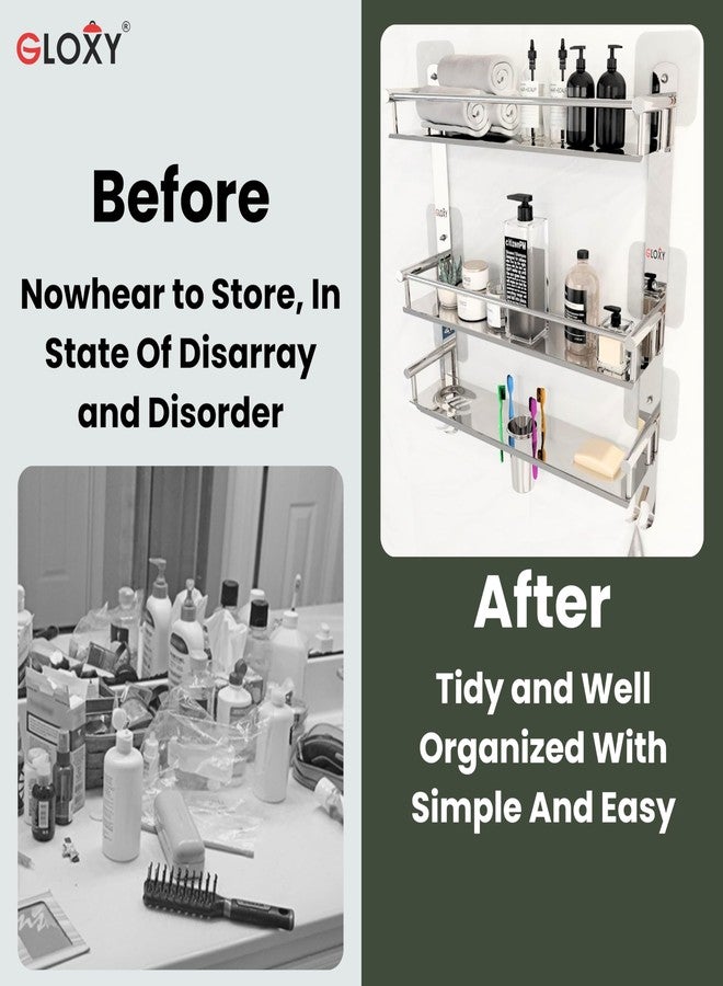 GLOXY Self-Adhesive Bathroom Shelf 3 Layer - Premium Chrome Finished Bathroom Stainless Steel Shelf Rack with Soap Holder & Toothpaste Holder for Home, Office, Hotel & Restaurants - Image 5