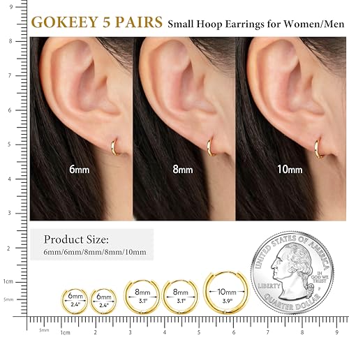 Gokeey 5 Pairs Small Gold Hoop Earrings for Women Men Dainty Mini Small Gold Huggie Hoops Earrings Stacks for Women Men Hypoallergenic Cute Tiny Cartilage Helix Hoop Earring Set for Multiple Piercing Jewelry Gift - Image 5