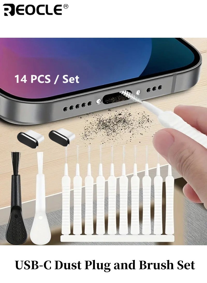 REOCLE 14pcs USB-C Dust Plug Set with Key Board Cleaning Brush Dust Port Cover for Iphone 15 16 Durable Nylon Brush Cleaner Perfect Compatibility Suitable for Mobile Phones and Computers - Image 1