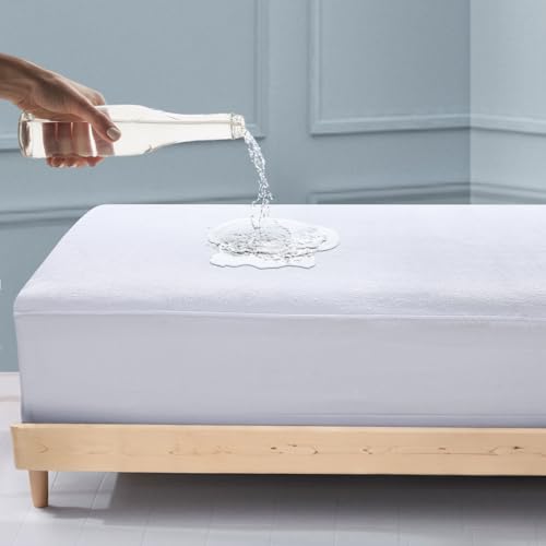 SafeRest Mattress Protector-Mattress Cover for Bed-Breathable, Noiseless & Hypoallergenic Soft Fitted Machine Washable 100% Waterproof 80% Cotton Terry Encasement-Bed Protector 60" x 78"-Queen, White - Image 1