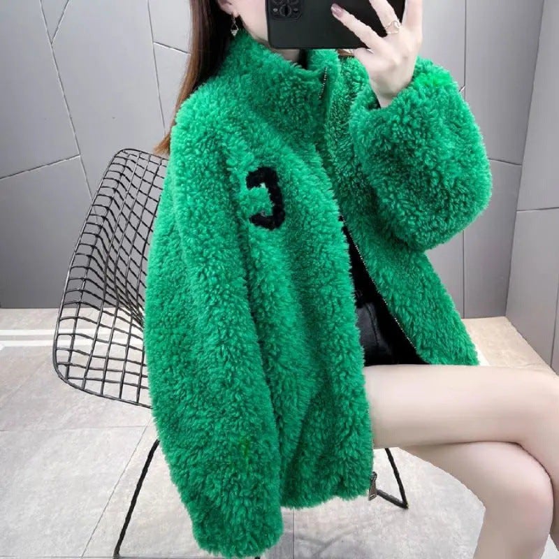 Womens Fashionable Coat Ins Winter fleece-lined Thickened Double-sided Fleece Vertical Collar Warm Sweater Womens Cardigan Zipper Fleece Green