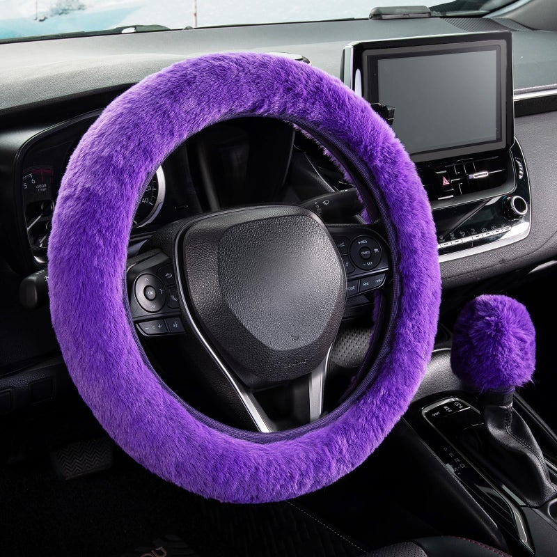 SEG Direct Furry Car Steering Wheel Cover with Fluffy Gear Shift Cover Soft Warm Non-Slip Car Decoration for Women Girls 2 PCS Set, Purple - Image 1