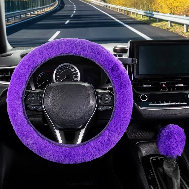 SEG Direct Furry Car Steering Wheel Cover with Fluffy Gear Shift Cover Soft Warm Non-Slip Car Decoration for Women Girls 2 PCS Set, Purple - Image 2