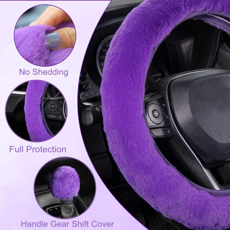 SEG Direct Furry Car Steering Wheel Cover with Fluffy Gear Shift Cover Soft Warm Non-Slip Car Decoration for Women Girls 2 PCS Set, Purple - Image 4