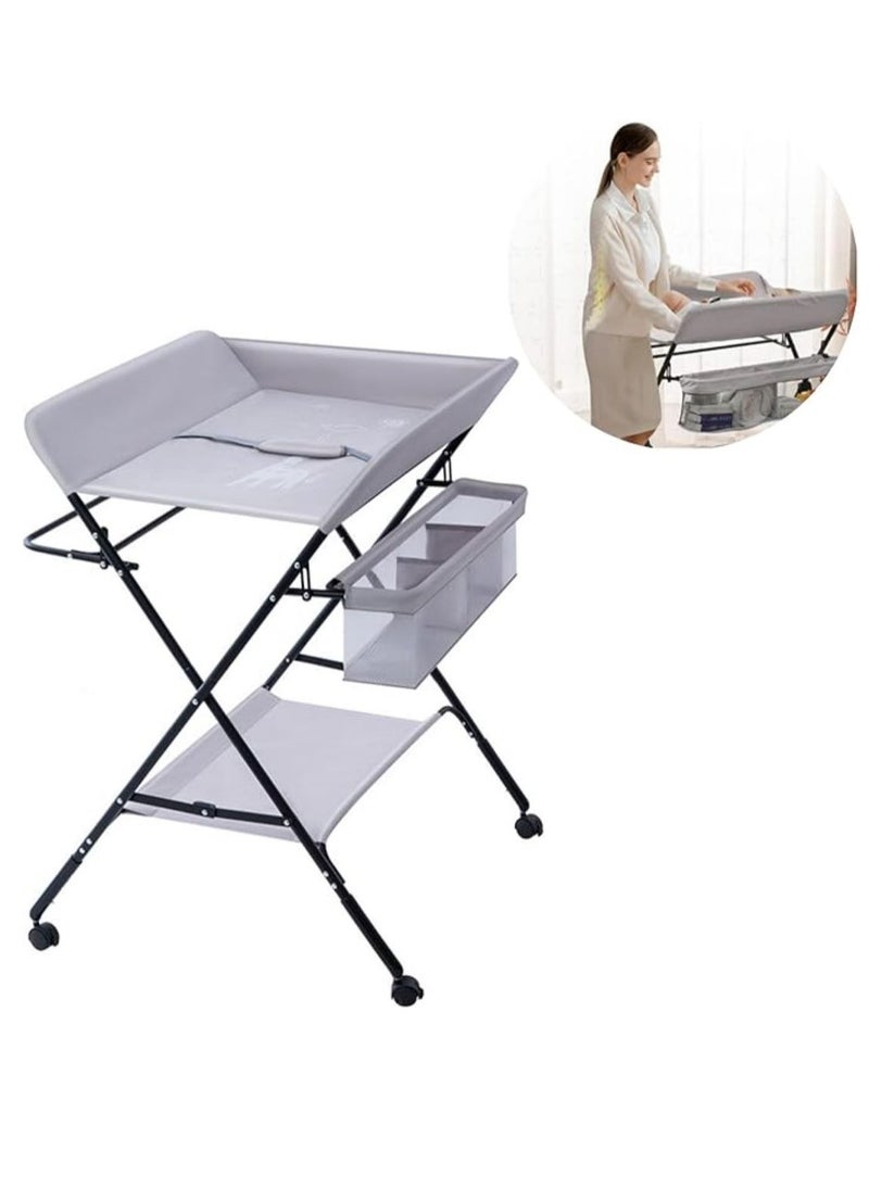 SKY-TOUCH Portable Baby Changing Table Dresser, Foldable Changing Table With Wheels, Bottom Rack, Side Basket And Clothes Rail - Grey  - Image 1