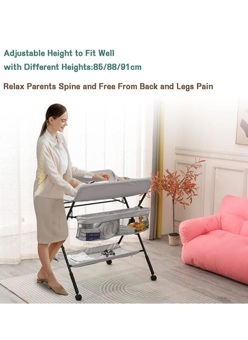 SKY-TOUCH Portable Baby Changing Table Dresser, Foldable Changing Table With Wheels, Bottom Rack, Side Basket And Clothes Rail - Grey  - Image 3