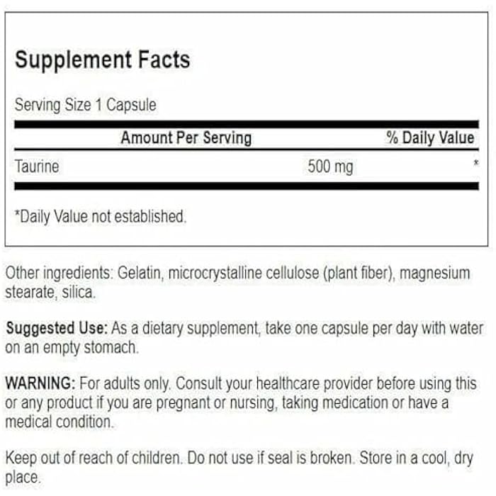 Swanson Taurine - Amino Acid Supplement Promoting Energy Production & Electrolyte Balance - Natural Formula Supporting Heart Health & Wellness - (100 Capsules, 500mg Each) - Image 2
