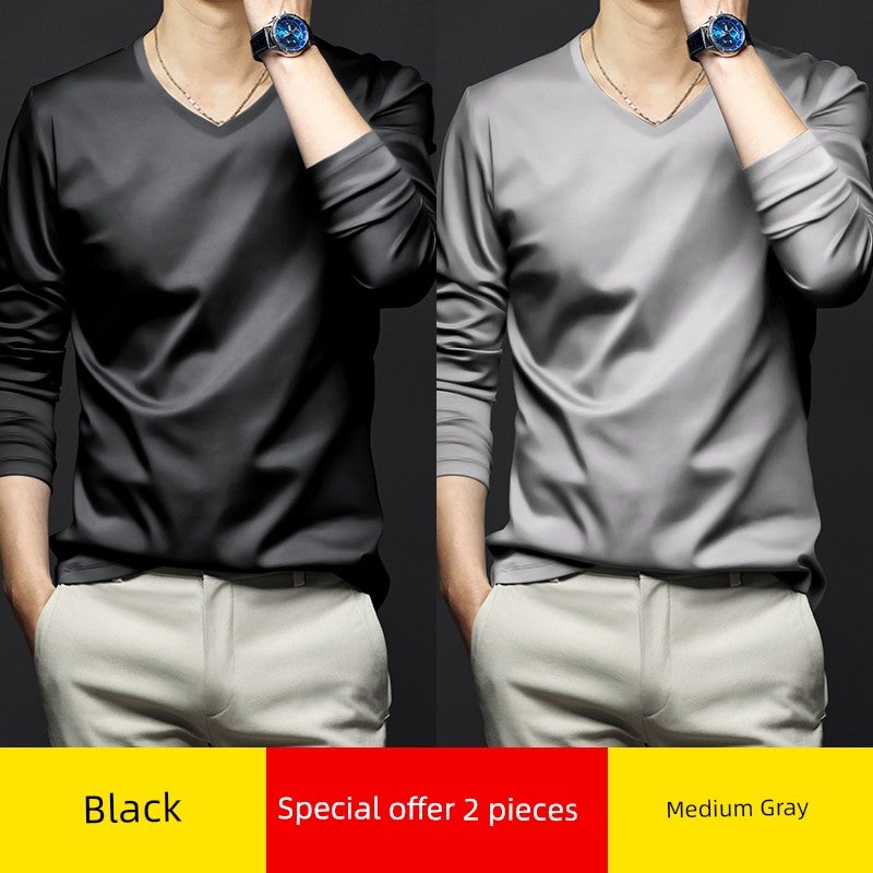 High-end modal long-sleeved t-shirt men's V-neck solid white inner wear New  base shirt autumn clothes small shirt thin style - Image 3