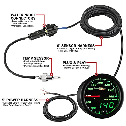 MaxTow Double Vision 260F Transmission Temperature Gauge Kit - Includes 1/8-27 NPT Electronic Sensor & Wiring - Black Dial - Green LED Lighting - Analog & Digital Readouts - for Trucks - 2-1/16" 52mm - Image 3