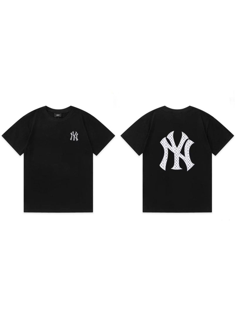 MLB NY Monogram Front Back Graphic Black Unisex Cotton T-shirt-L - Image 1