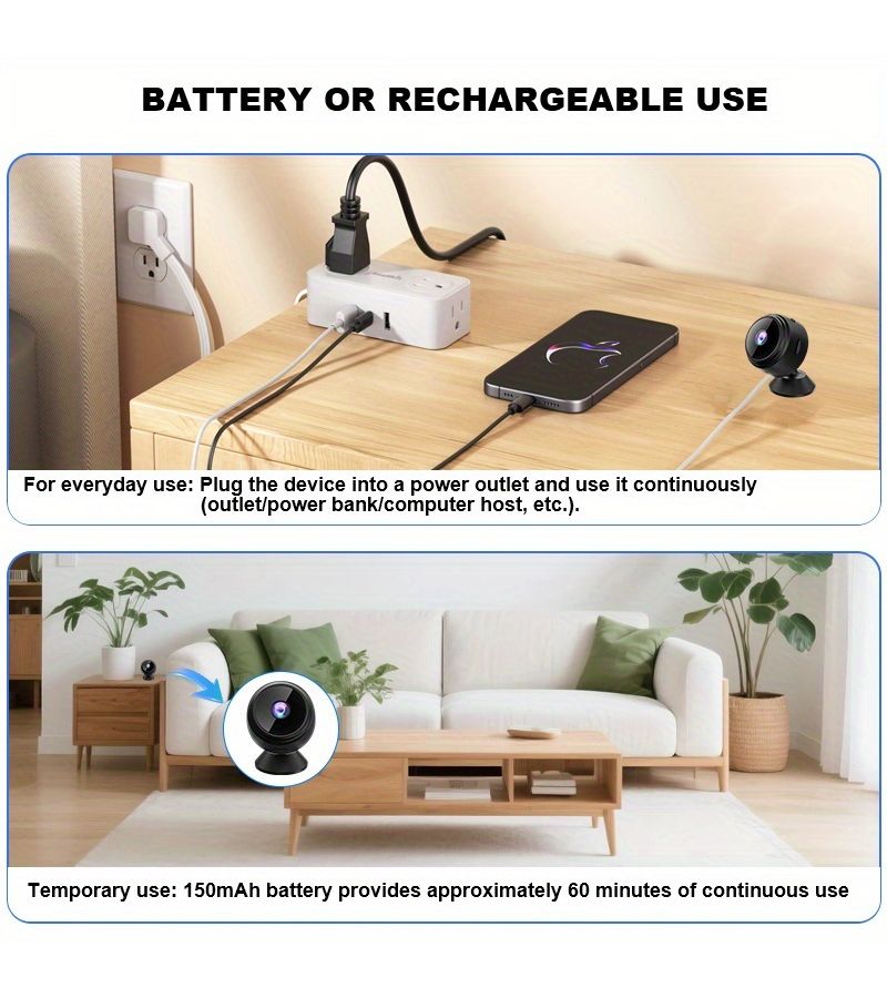 Mini Wireless WiFi Security Camera 1pc Black With Magnetic Base Motion Detection 480P HD Outdoor Indoor Home Smart Cam Portable Surveillance System App Controlled Audio Alerts No Wiring - Image 2