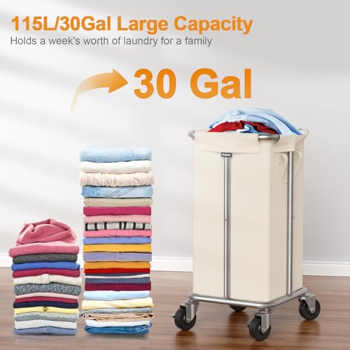 Hodonas Laundry Basket with Wheels, 115L Rolling Laundry Hamper Large Dirty Clothes Hamper Cart with Steel Frame and Removable Bag, Bedroom Bathroom Dorm Room Laundry Room Organization Hampers, Beige - Image 2