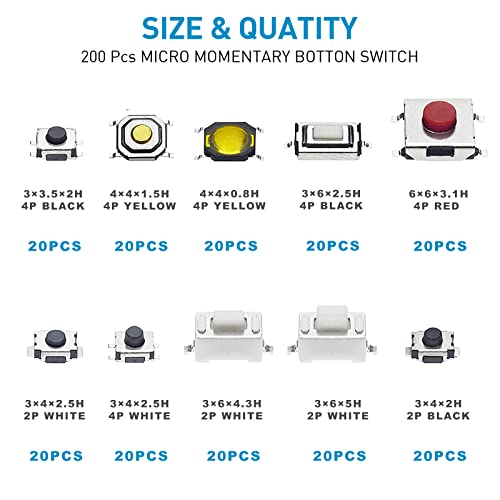 QTEATAK QTETAK 200 Pcs 10 Value Micro Momentary Tactile Push Button Switch Tact Assortment Kit - Image 2