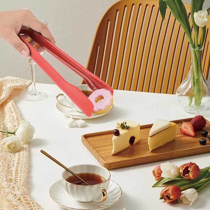 FLAVION Multi-Functional Plastic Tongs for Home Bakery,Salad Serving, Catering,Cooking,Serving, Snacks,Colorful Mini Silicone Kitchen Tongs Set,Heat Resistant,Non-Slip Grip. (RED, 3 PCS Set) - Image 2