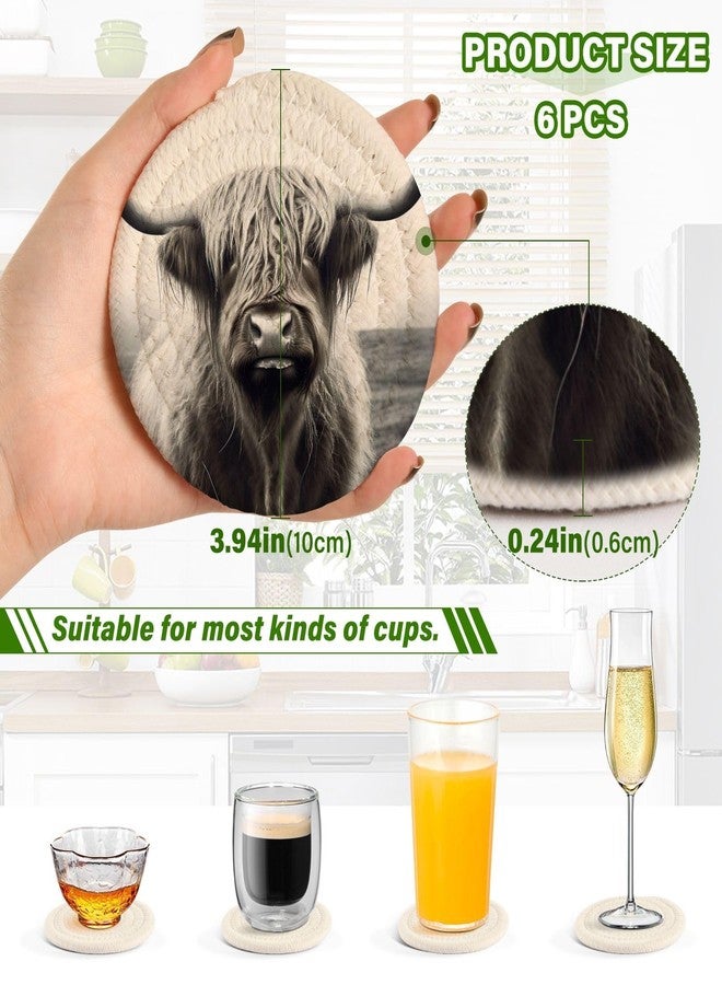 SDMKA Highland Cow Grey 6 Pcs Cotton Woven Coasters with Holder - 3.9 Inch Absorbent Drink Coasters - Ideal Cup Coasters for Coffee Table Protection - Image 3