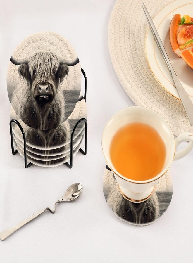 SDMKA Highland Cow Grey 6 Pcs Cotton Woven Coasters with Holder - 3.9 Inch Absorbent Drink Coasters - Ideal Cup Coasters for Coffee Table Protection - Image 5