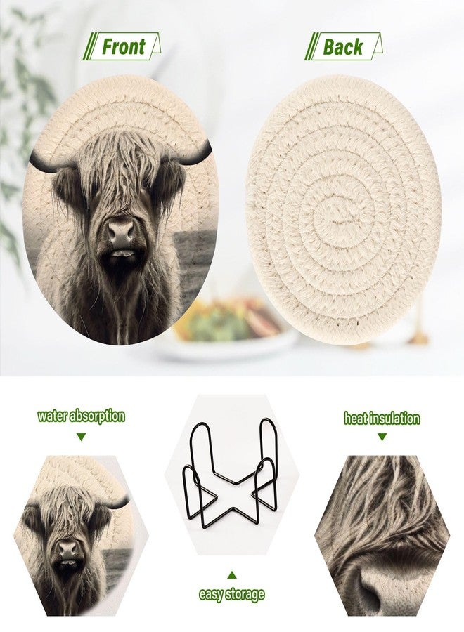 SDMKA Highland Cow Grey 6 Pcs Cotton Woven Coasters with Holder - 3.9 Inch Absorbent Drink Coasters - Ideal Cup Coasters for Coffee Table Protection - Image 4