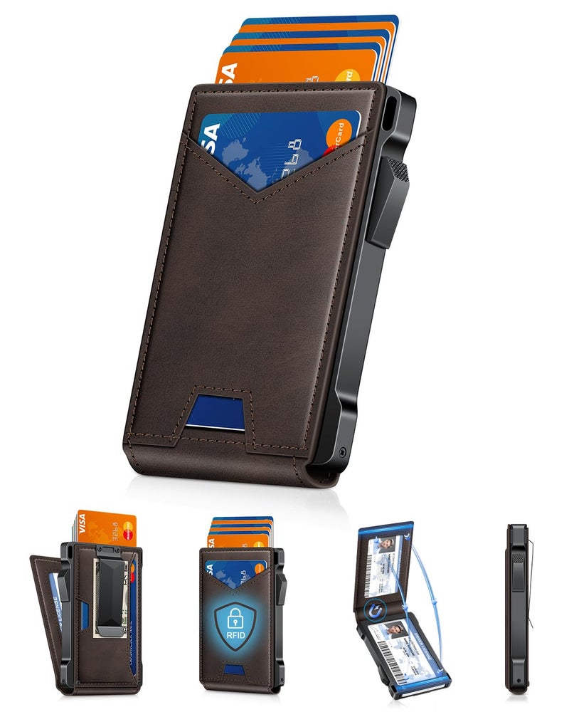 kafellon محفظة للرجال RFID مع نافذتين للهوية ومشبك نقود، حامل بطاقات رفيع قابل للفتح لـ 10-12 بطاقة، محفظة ذكية ثنائية الطي بسيطة للجيب الأمامي، حامل بطاقات ائتمان معدني مدمج، هدايا للرجال - Image 1