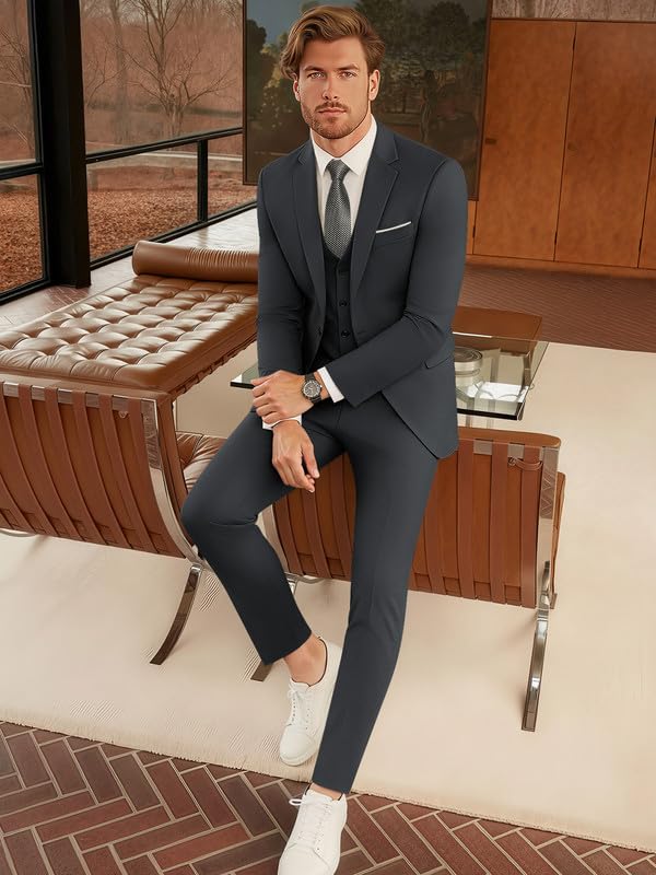 WEEN CHARM Suits for Men,3 Piece Slim Fit Suit Set with 2-Button Blazer,Vest,Pants,Tuxedo for Wedding,Prom,Party,Business Grey - Image 3