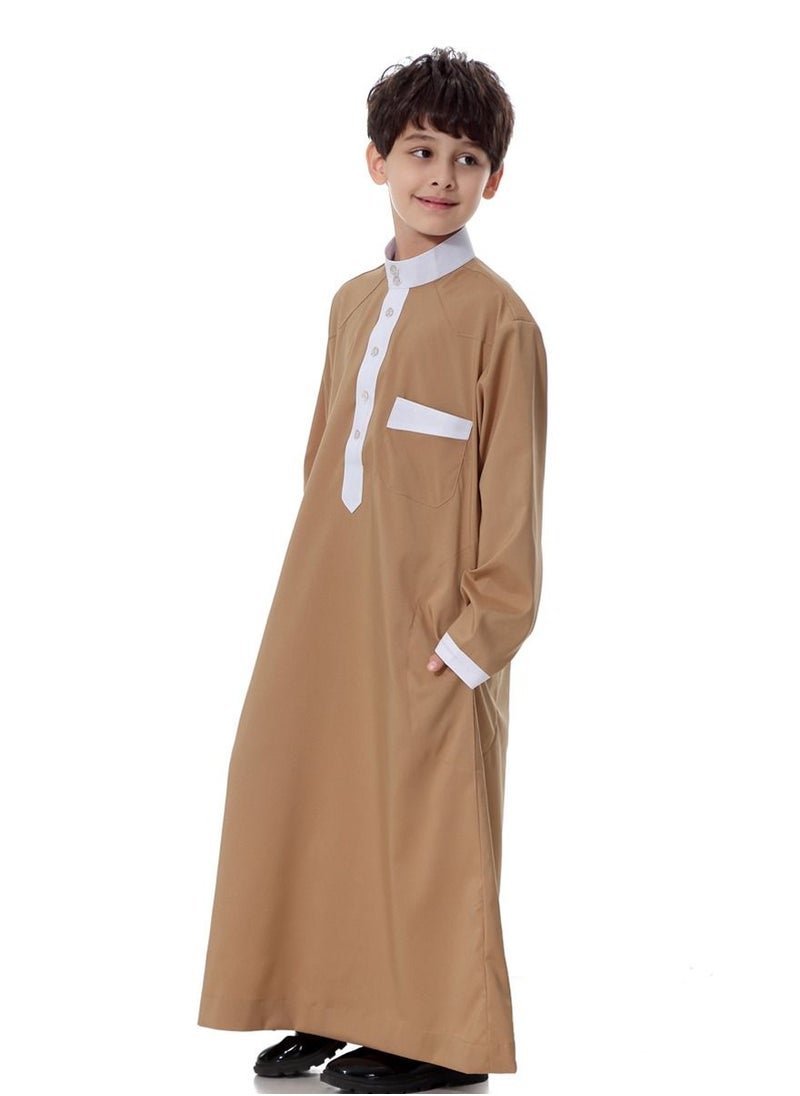 إسكدنيا Boy's Muslim Arab Long Sleeve Kaftan Middle Eastern Kandora Thobe Thawb Brown/White  - Image 2