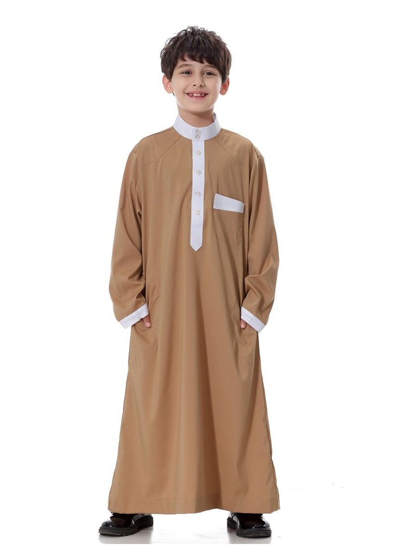 إسكدنيا Boy's Muslim Arab Long Sleeve Kaftan Middle Eastern Kandora Thobe Thawb Brown/White  - Image 1
