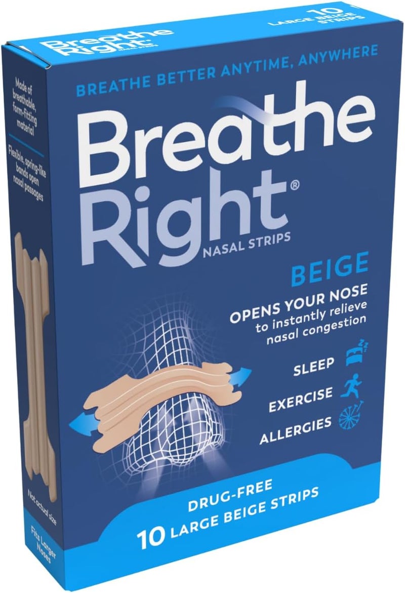 Breathe Right شرائط الأنف الأصلية تان بيج كبيرة 10 قطع لتخفيف الشخير واحتقان الأنف بدون أدوية - Image 1