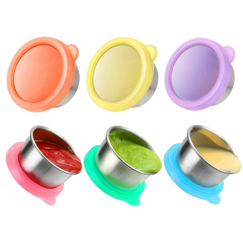 fruui Salad Dressing Container To Go 6x16 oz Small Containers with Lids Stainless Steel Sauce Containers Fits in Bento Box for Lunch Premium Silicone Leak Proof Easy Open Reusable Condiment Cups 