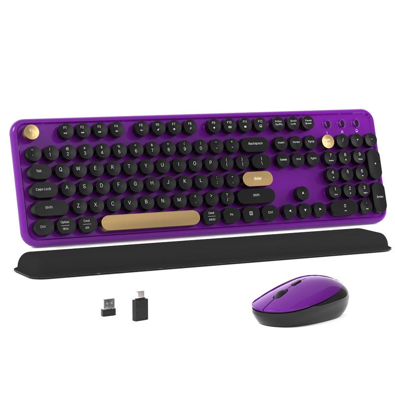 MPTOG Colorful Wireless Computer Keyboard and Mouse Combo with Round Typewriter Keycaps, Retro Design, Power Switch, Ergonomic Design, 2.4GHz Wireless for Windows, Mac, PC(Black-Purple) - Image 1