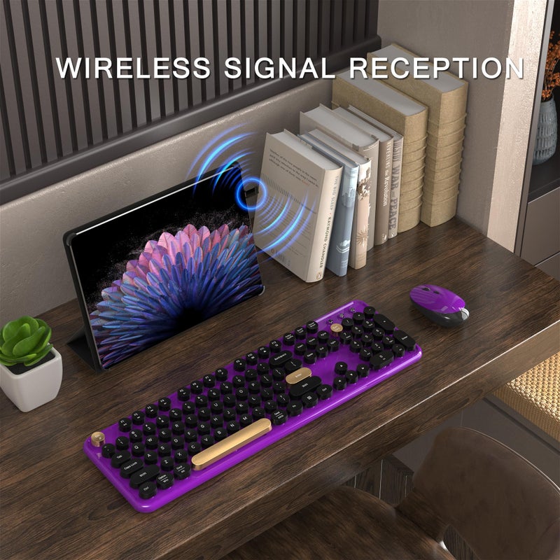 MPTOG Colorful Wireless Computer Keyboard and Mouse Combo with Round Typewriter Keycaps, Retro Design, Power Switch, Ergonomic Design, 2.4GHz Wireless for Windows, Mac, PC(Black-Purple) - Image 2