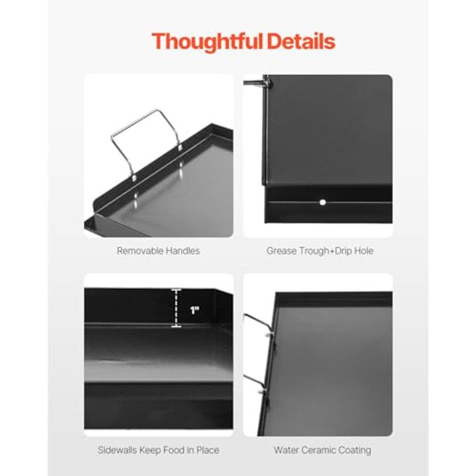 VEVOR Carbon Steel Griddle, Flat Top Plate, Griddle for BBQ Charcoal/Gas Gril with 2 Handles, Rectangular Flat Top Grill with Extra Drain Hole for Tailgating and Party - Image 3