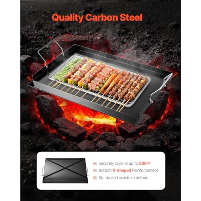 VEVOR Carbon Steel Griddle, Flat Top Plate, Griddle for BBQ Charcoal/Gas Gril with 2 Handles, Rectangular Flat Top Grill with Extra Drain Hole for Tailgating and Party - Image 2