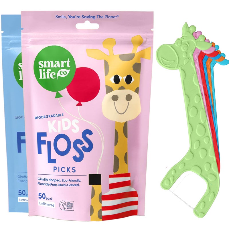 SmartLifeco Biodegradable Kids Flossers Unflavored Dental Floss Picks for Children Fluoride Plant Based Natural Fun Animal Flossing Sticks for Toddlers Teeth Eco Friendly Compostable 100pk