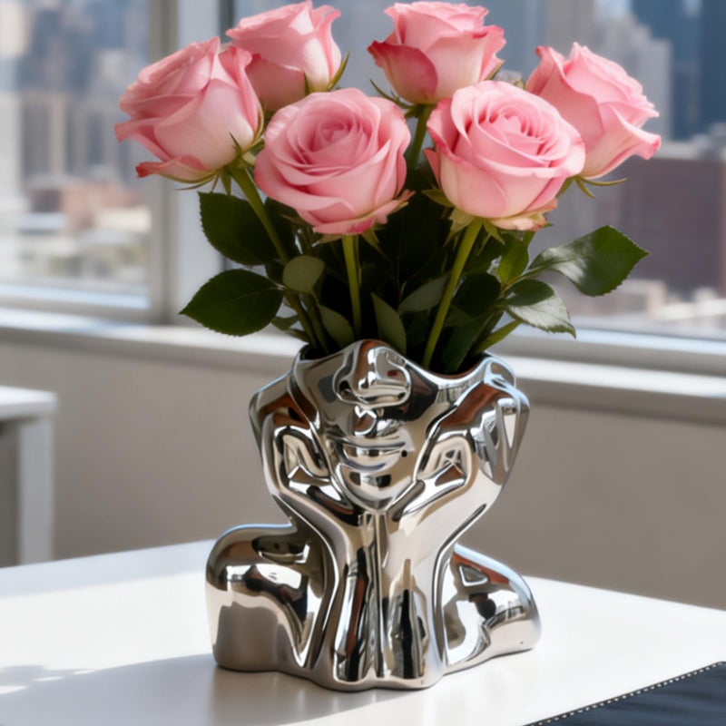 BrownLove Silver Ceramic Human Face Vase, Shy Posture Decorative Human-Shaped Vase Modern Silver Decorative Art Vases - Image 1