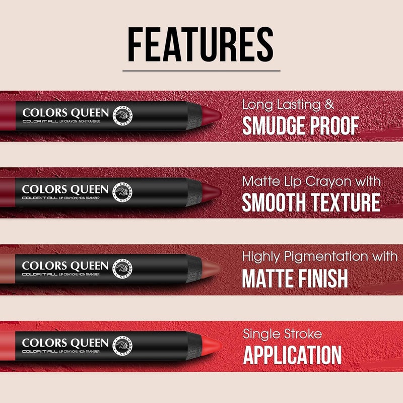 COLORS QUEEN Colors Queen Color It All Lip Crayon Lipstick with Sharpener Creamy Matte Finish Smudge Proof Waterproof Long Lasting Crayon Lipstick for Women Last Upto 18 Hours Plum Pick35g - Image 4
