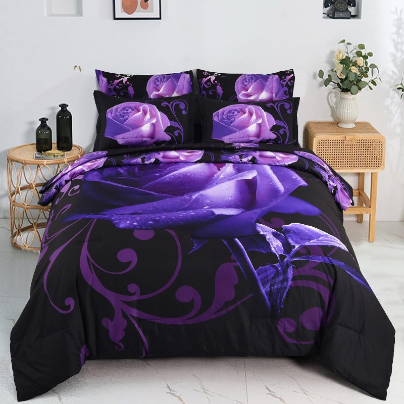 Floral Comforter Set Queen 7 Piece Bed in a Bag Purple Rose Flower Comforter with Sheet Set Soft Micorfiber Bedding Set 1 Comforter2 Pillow Shams1 Flat Sheet1 Fitted Sheet2 Pillowcases
