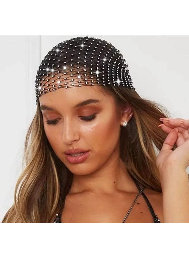 JEAIRTS - Rhinestone Head Scarf Sparkly Mesh Headband Stretchy Crystal Nightclub Headwrap Rave Hair Accessories For Women (1-Black, Free Size) - Image 1