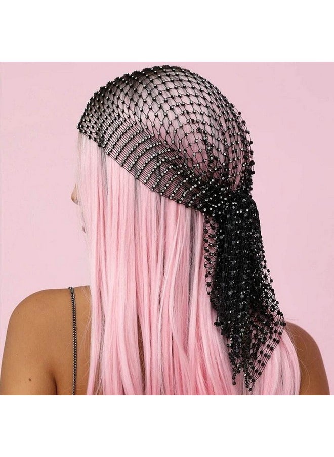 JEAIRTS - Rhinestone Head Scarf Sparkly Mesh Headband Stretchy Crystal Nightclub Headwrap Rave Hair Accessories For Women (1-Black, Free Size) - Image 1