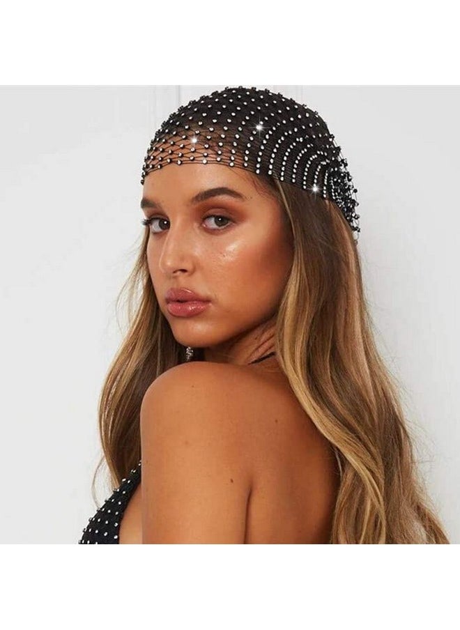 JEAIRTS - Rhinestone Head Scarf Sparkly Mesh Headband Stretchy Crystal Nightclub Headwrap Rave Hair Accessories For Women (1-Black, Free Size) - Image 1