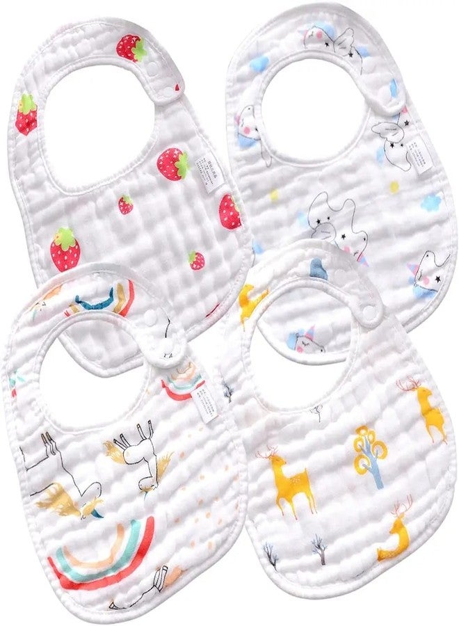 TENIYU Baby Bibs Set of 4, Cotton Feeding Bibs with Cute Animal and Fruit Prints, White - Image 1